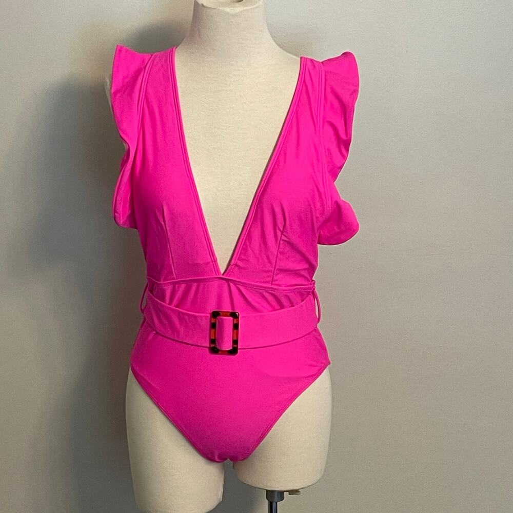 SHEIN Neon Pink Swimsuit‎ Bathing Suit Belted Ruffles Size Large